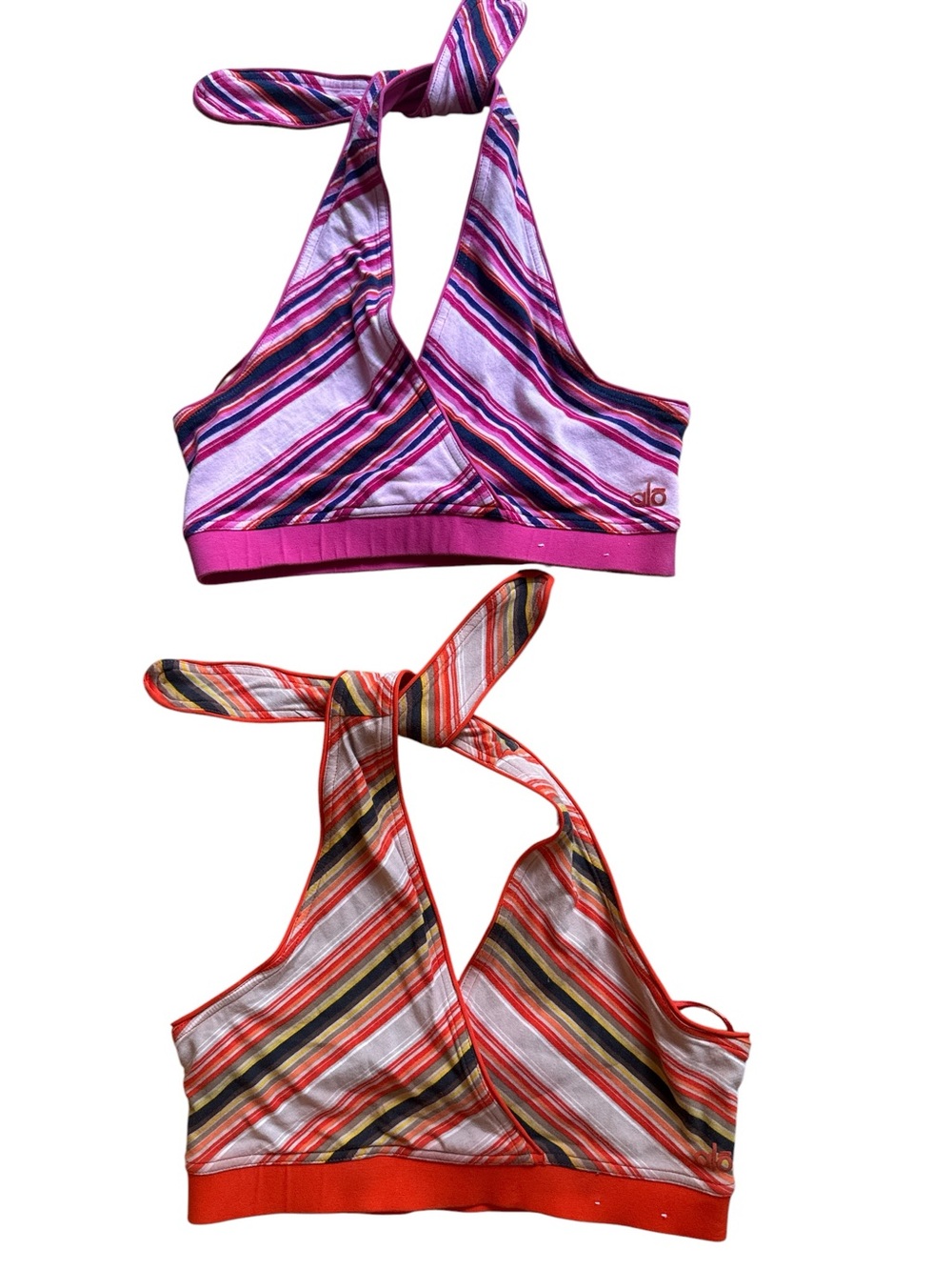 Alo Yoga 2 Striped Halter Crop Top Sport Bra Duo - Pink & Orange M